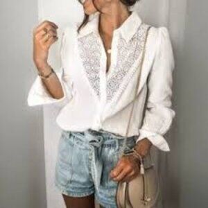 Womens Crochet Lace Button Front White Cotton Blouse Top Career Gauzy